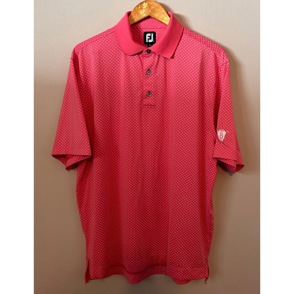 FootJoy Golf Polo Shirt Mens L Pink Dot Print Performance Short Sleeve